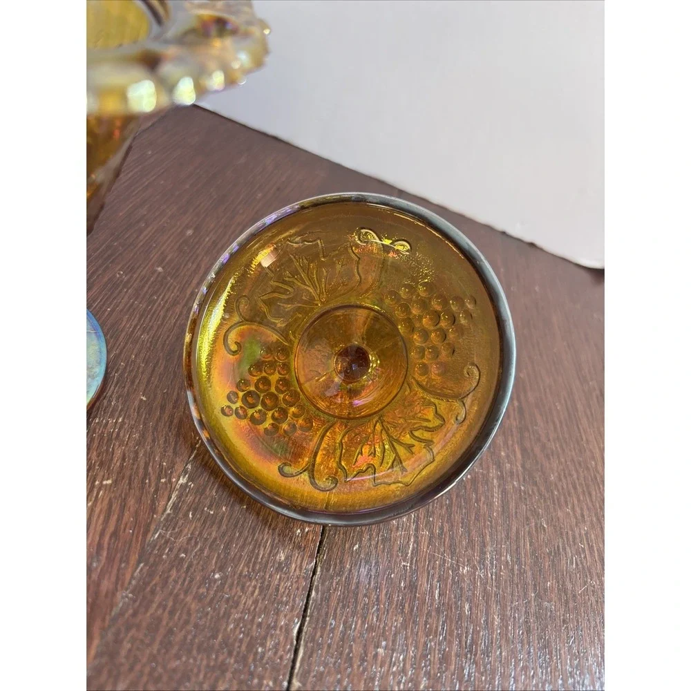 Vintage Indiana Glass Compote Candy Dish‎ w/Lid Harvest Carnival Iridescent Gold
